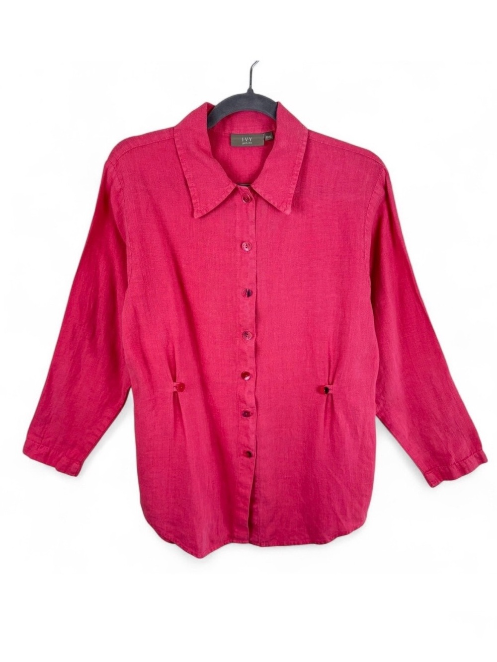 IVY Petite Womens Fuchsia Pink 100% Linen Button Down Shirt Cinch Waist P Small